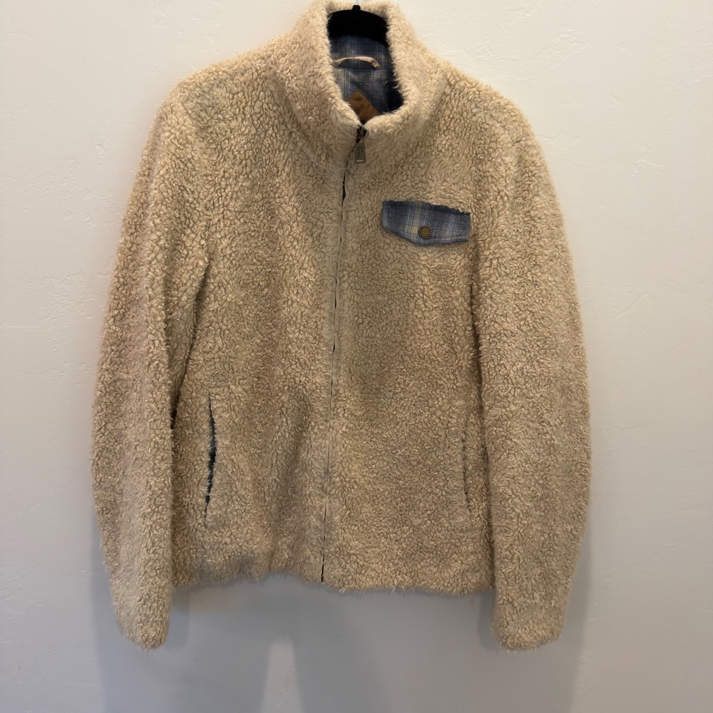 Pendleton Sherpa Fleece Full Zip Jacket Cream Blue Plaid Trim P1558 Small